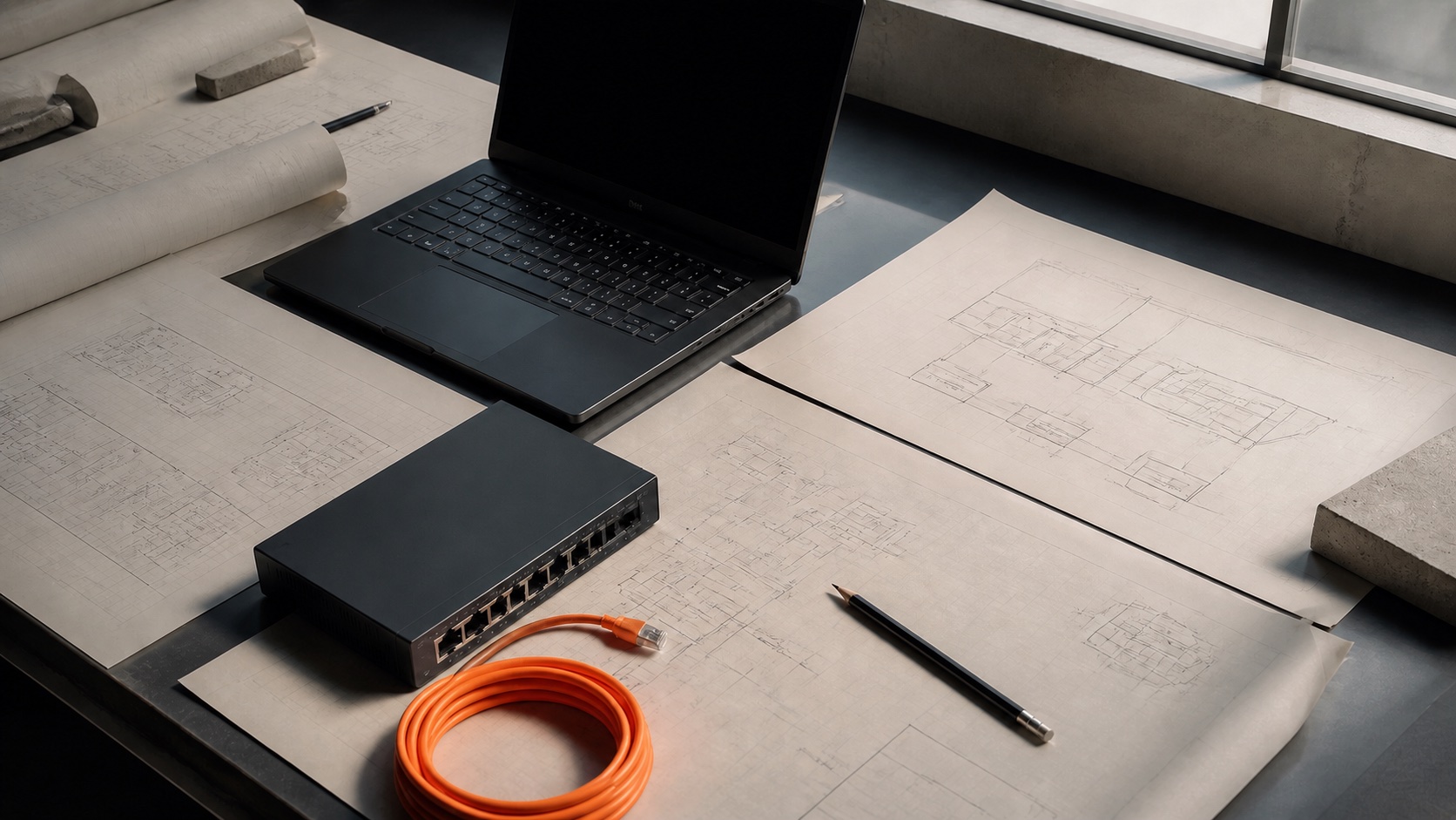 An architectural workspace with infrastructure diagrams, an unbranded laptop, a network appliance, and an orange cable.