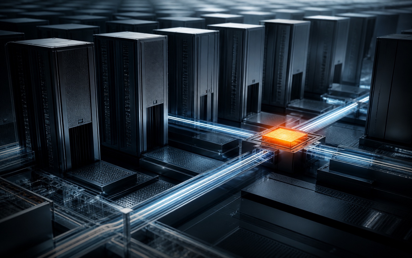 Original abstract visualization of a global platform estate connected through a cool signal path and orange control point.