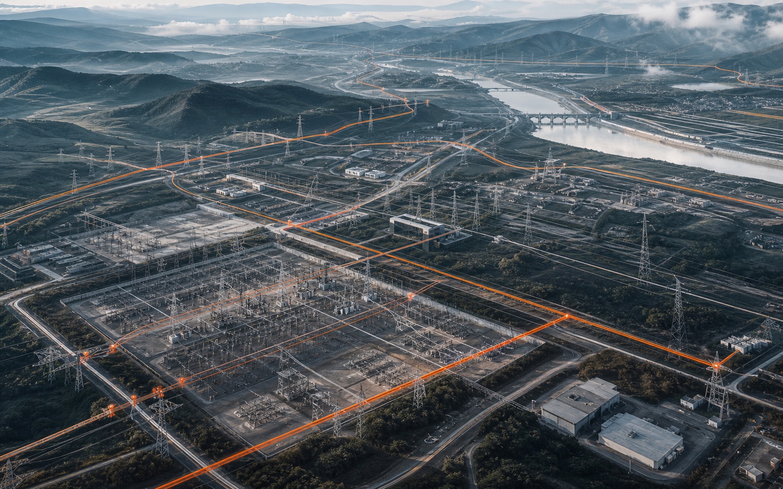 Original aerial visualization of a utility grid with complex dependencies resolved into controlled orange routes.