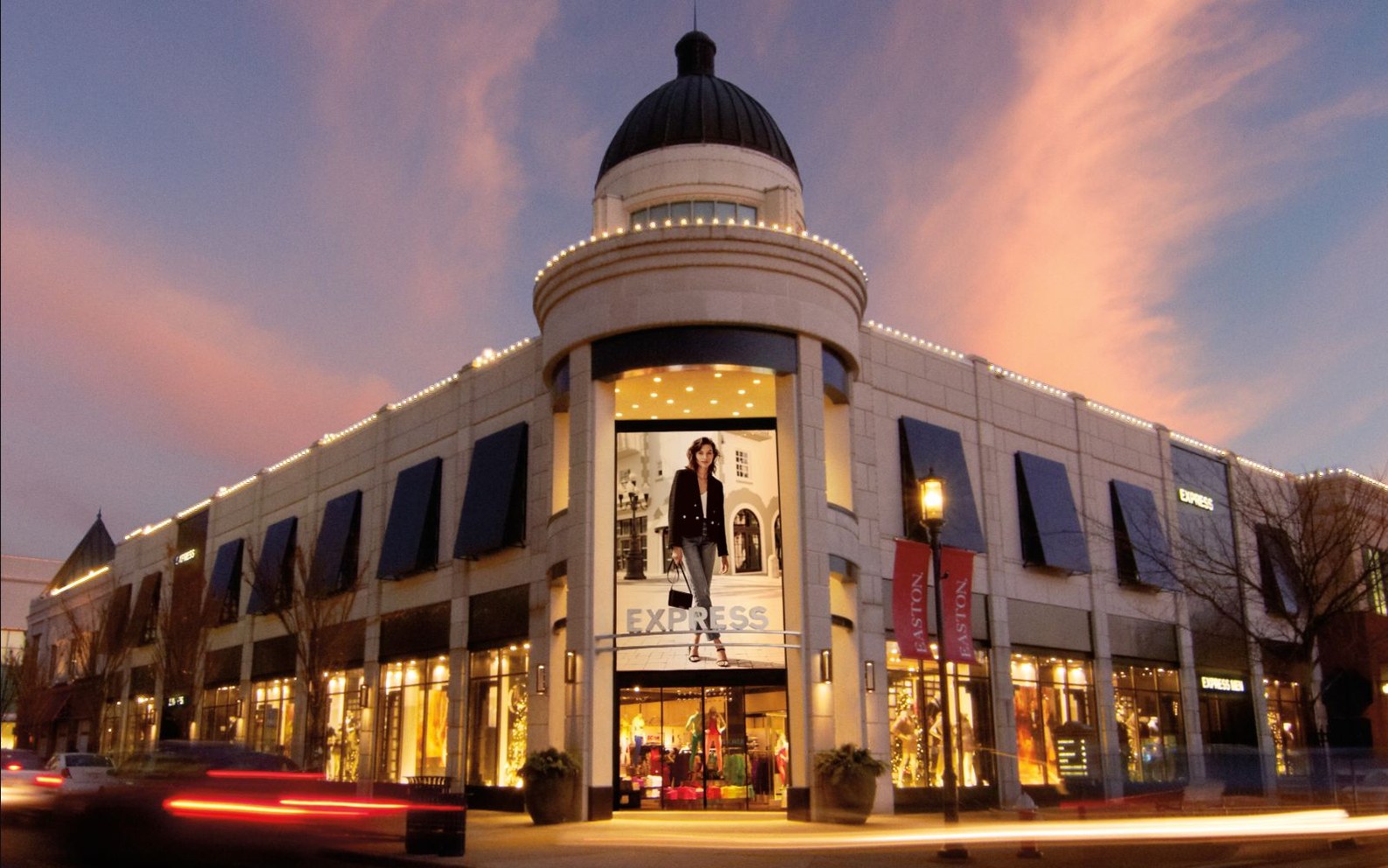 Express storefront at Easton Town Center in Columbus, Ohio, photographed at dusk.